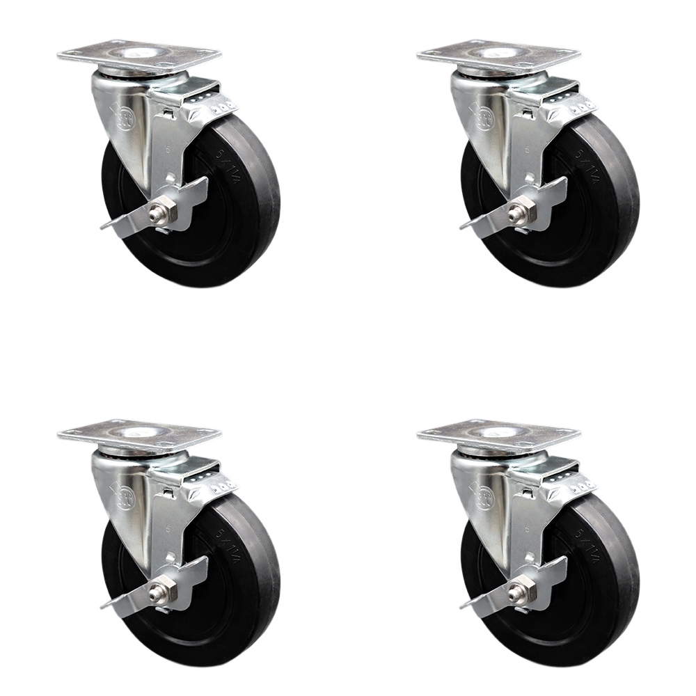 SCC-SSSS20S514-SRS-TLB-4 Stainless Steel Soft Rubber Swivel Top Plate Caster with 5 x 1.25 in. Black Wheels - Set of 4