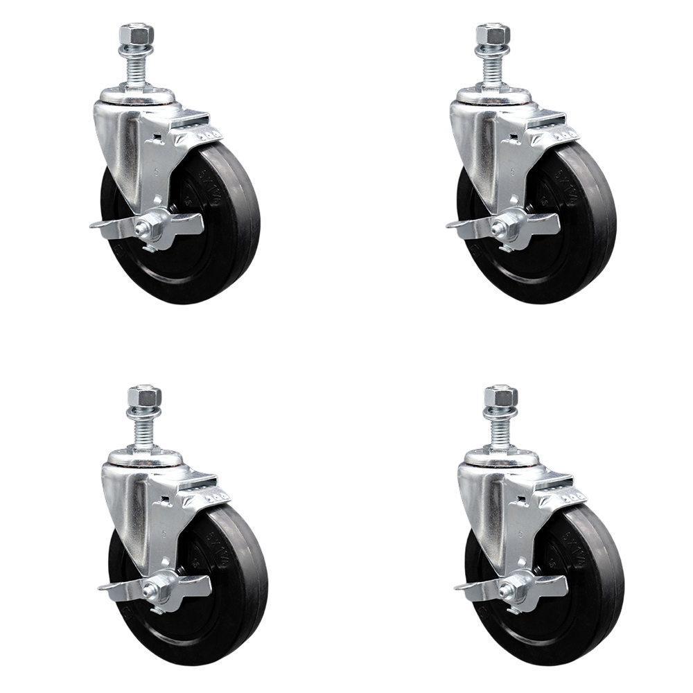 SCC-SSSSTS20S514-SRS-TLB-121315-4 Stainless Steel Soft Rubber Swivel Threaded Stem Caster with 5 x 1.25 in. Black Wheels & 0.5 in. Stems - Set of 4