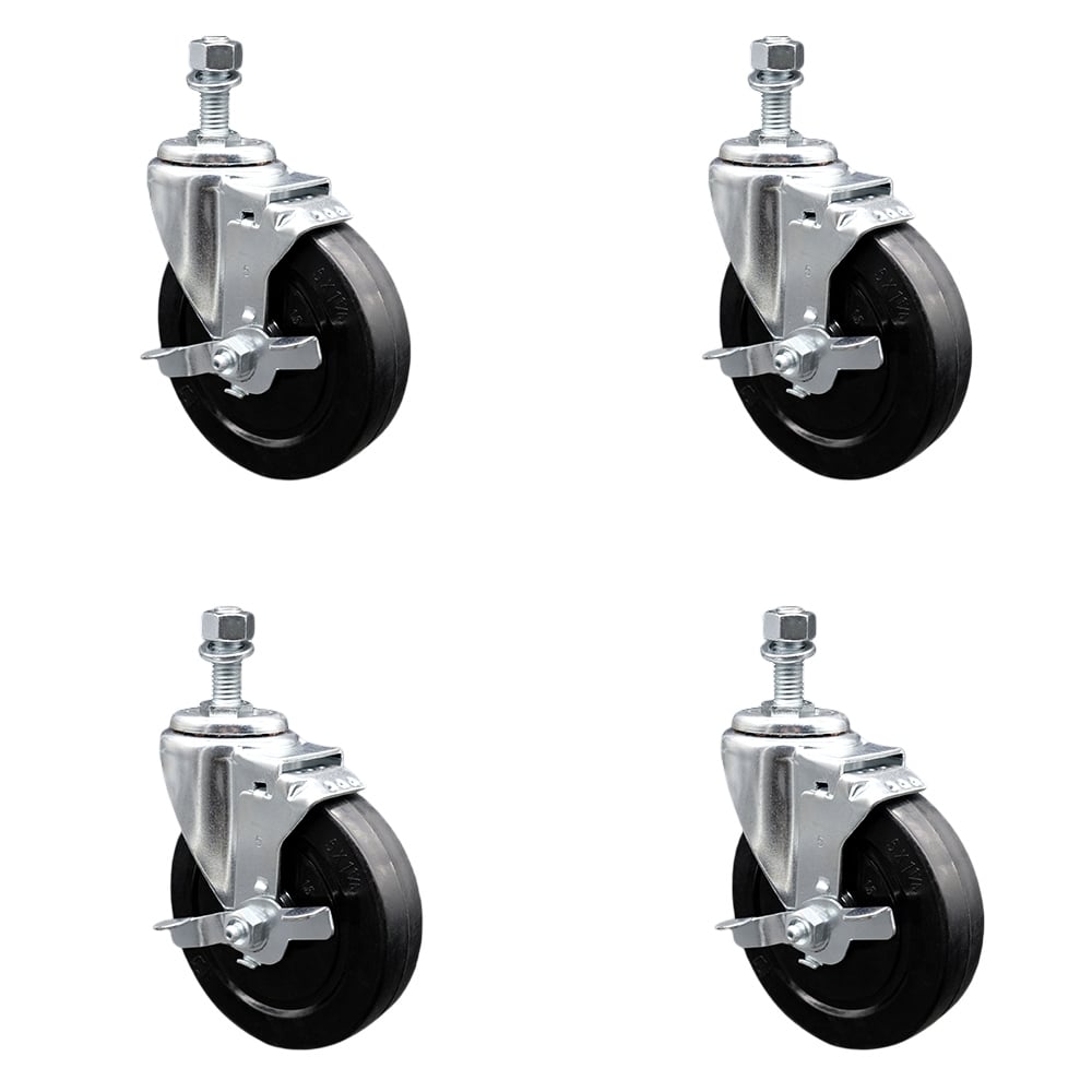 SCC-TS20S514-SRS-TLB-M1015-4 Soft Rubber Swivel Threaded Stem Caster with 5 x 1.25 in. Black Wheels & 10 mm Stems - Set of 4