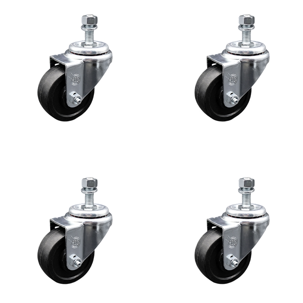 SCC-SSSSTS20S3514-SRS-M1015-4 Stainless Steel Soft Rubber Swivel Threaded Stem Caster with 3.5 x 1.25 in. Black Wheels & 10 mm Stems - Set of 4