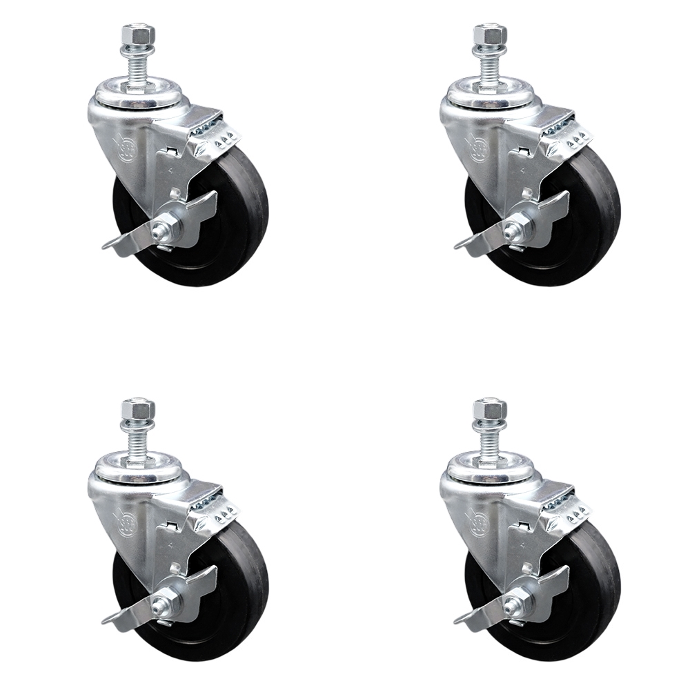 SCC-SSSSTS20S414-SRS-TLB-M1215-4 Stainless Steel Soft Rubber Swivel Threaded Stem Caster with 4 x 1.25 in. Black Wheels & 12 mm Stems - Set of 4
