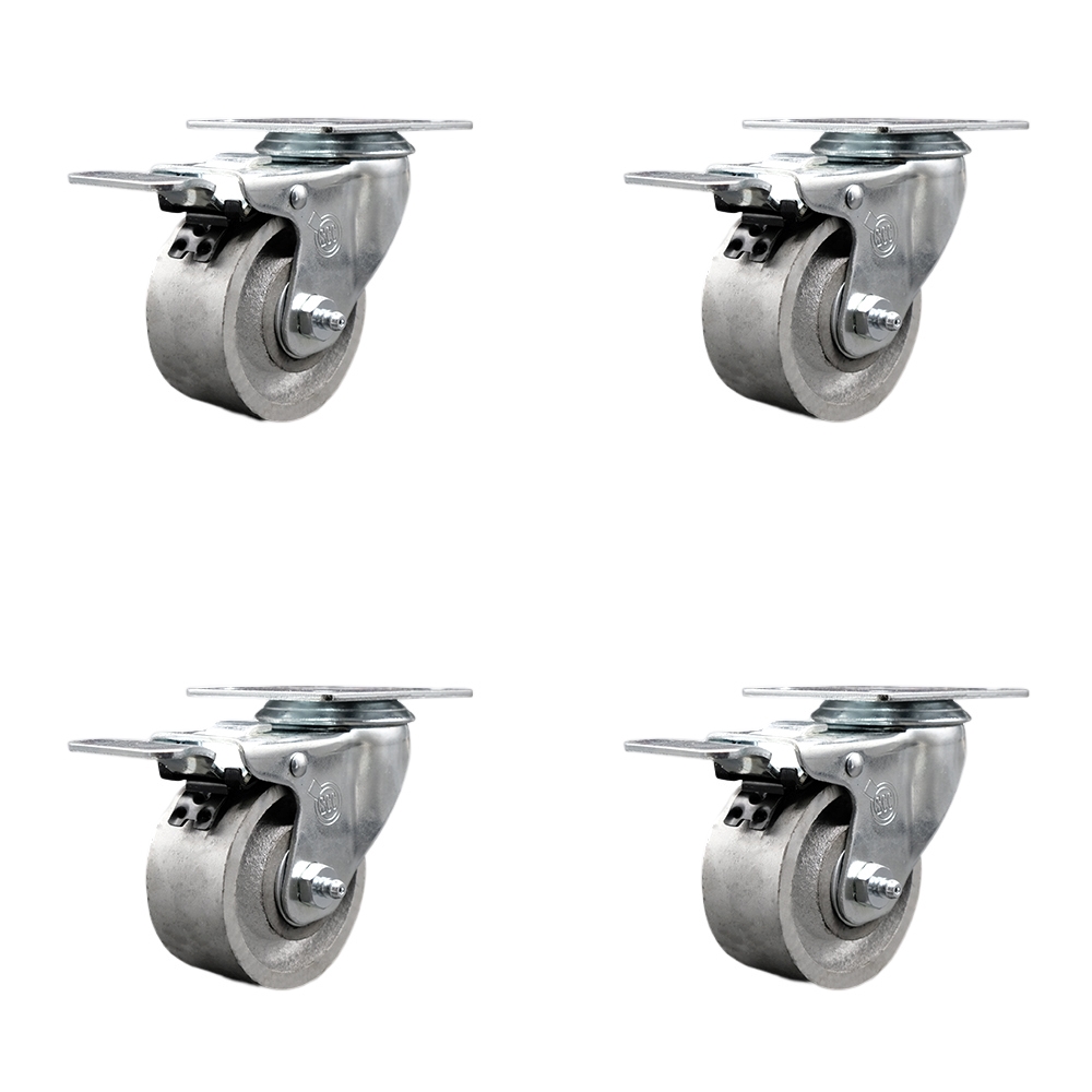 SCC-TTL20S315-SSR-4 Semi Steel Cast Iron Swivel Top Plate Caster with Roller Bearings - 3 in. Silver Wheels - Set of 4