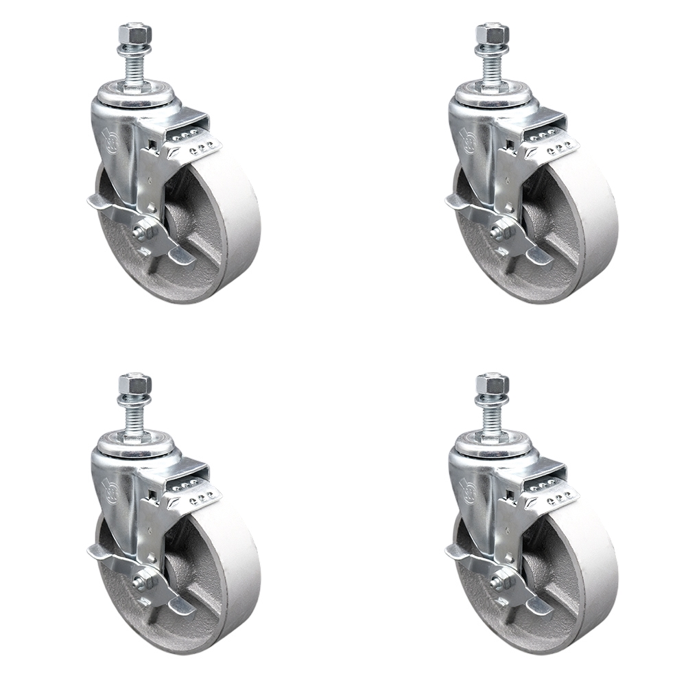 Semi Steel Cast Iron Swivel Threaded Stem Caster with Roller Bearing, 5 x 1.5 in. Silver Wheels & 0.5 in. Stems - Set of 4