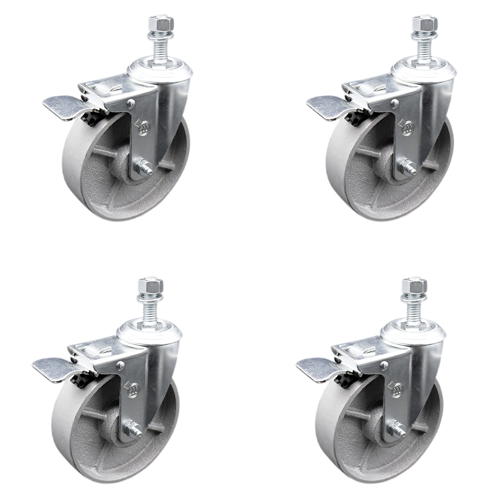 Semi Steel Cast Iron Swivel Threaded Stem Caster with Roller Bearing, 5 x 1.5 in. Silver Wheels & 10 mm Stems - Set of 4