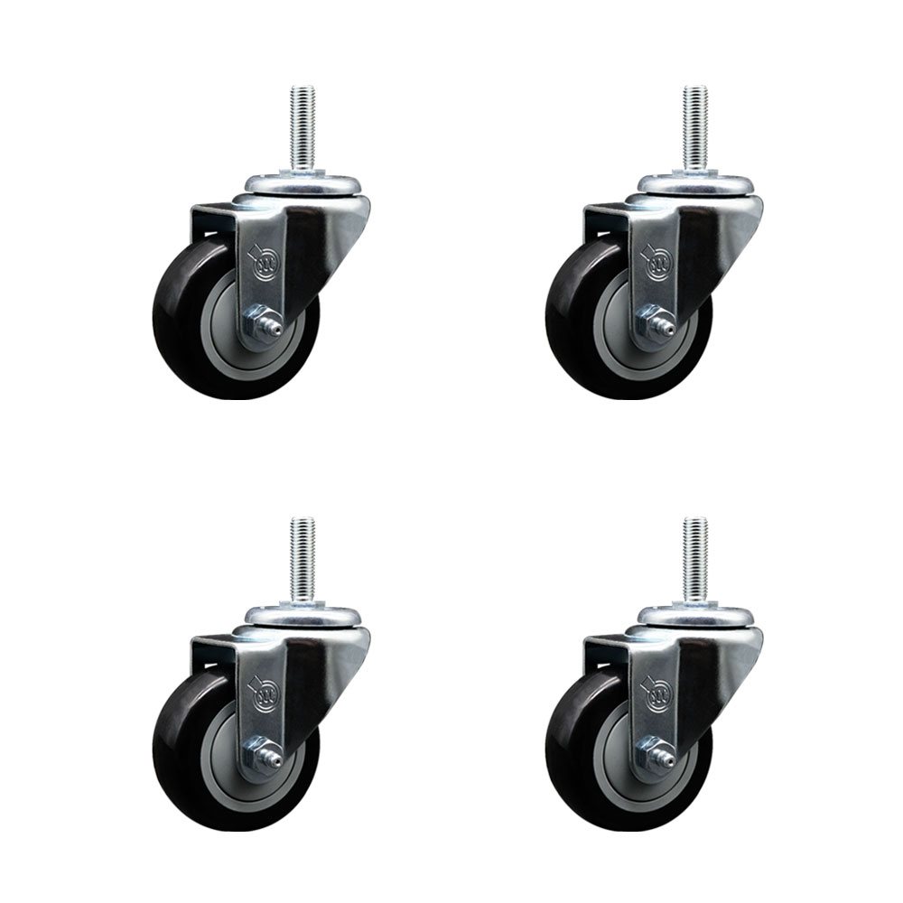 SCC-TS20S314-PPUB-BLK-58212-4 Polyurethane Swivel Threaded Stem Caster with 3 x 1.25 in. Black Wheels & 0.63 in. Stems - Set of 4