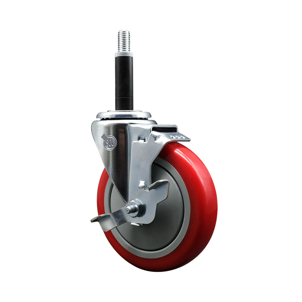 SCC-EX20S514-PPUB-RED-TLB-34 Polyurethane Expanding Stem Swivel Caster with 5 in. Red Wheel & 0.75 in. Stem & Top Locking Brake
