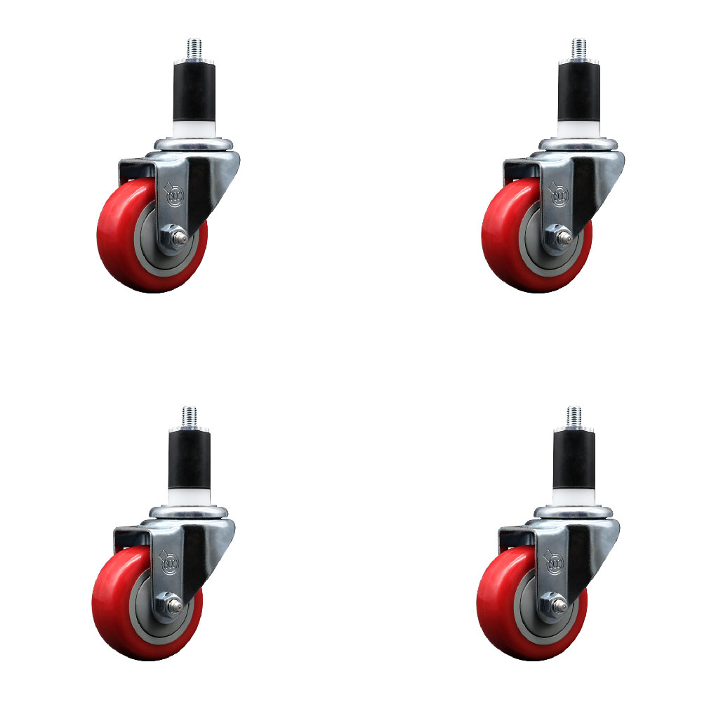 SCC-EX20S314-PPUB-RED-112-4 Polyurethane Swivel Expanding Stem Caster with 3 in. Red Wheels & 1.5 in. Stems - Set of 4