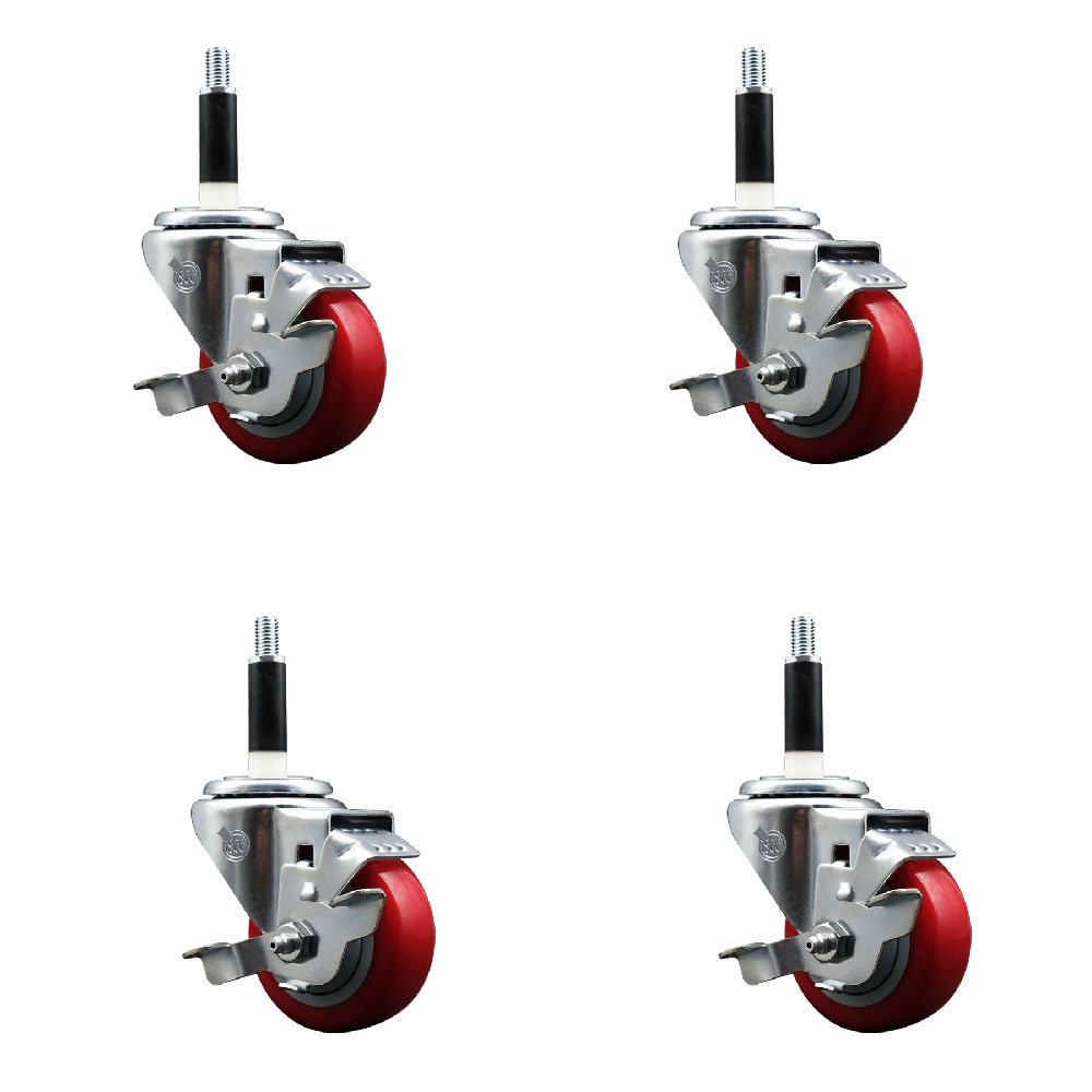 Stainless Steel Polyurethane Swivel Expanding Stem Caster with 3 in. Red Wheels & 0.87 in. Stems 4 Swivel with Top Locking Brakes - Set of 4
