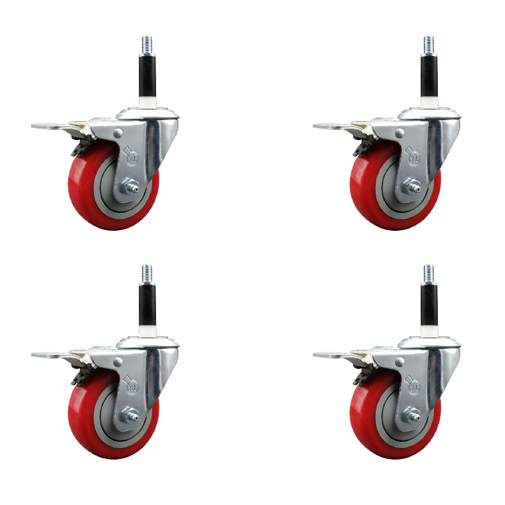 Stainless Steel Polyurethane Swivel Expanding Stem Caster with 3.5 in. Red Wheels & 0.87 in. Stems 4 Swivel - Set of 4