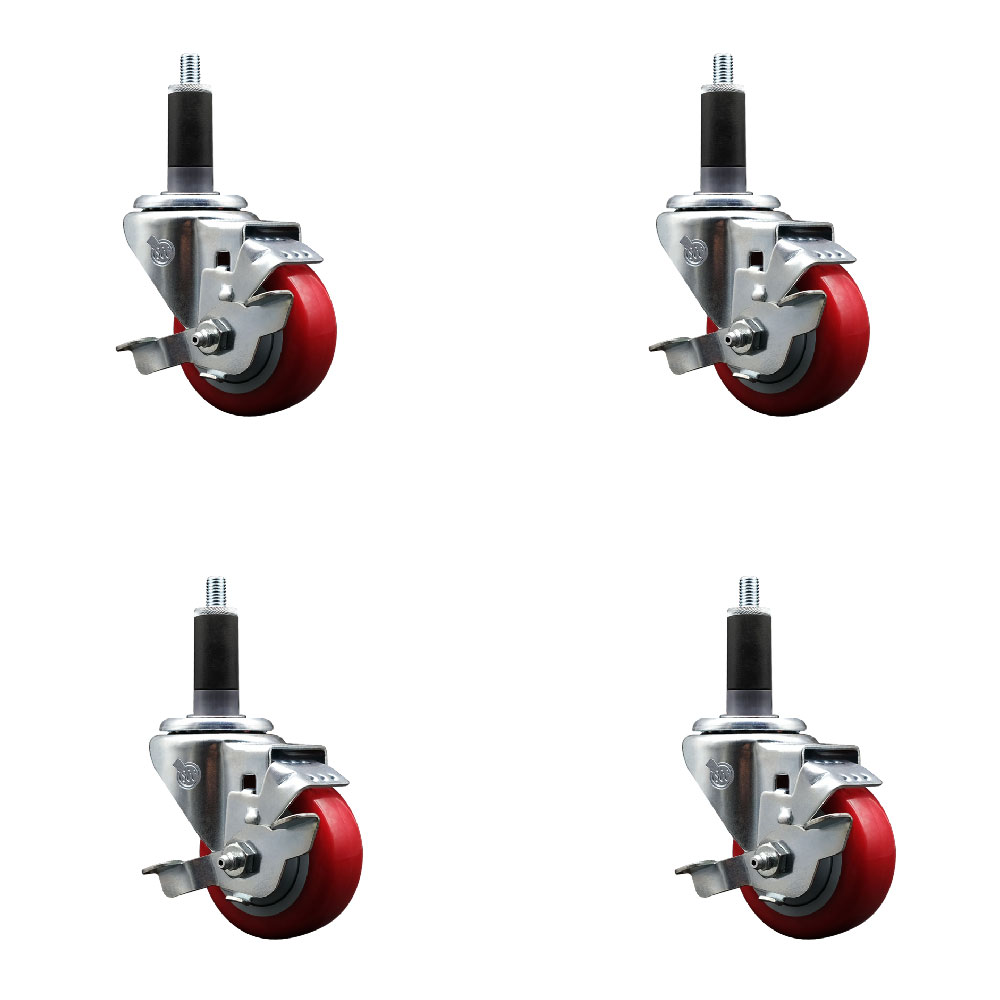 Stainless Steel Polyurethane Swivel Expanding Stem Caster with 3 in. Red Wheels & 1.13 in. Stems 4 Swivel with Top Locking Brakes - Set of 4