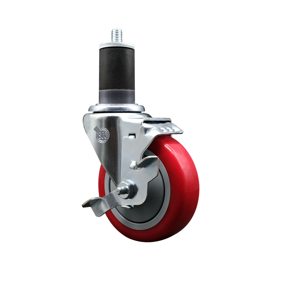 SCC-SSEX20S414-PPUB-RED-TLB-158 Stainless Steel Polyurethane Expanding Stem Swivel Caster with 4 in. Red Wheel & 1.63 in. Stem & Top Locking Brake