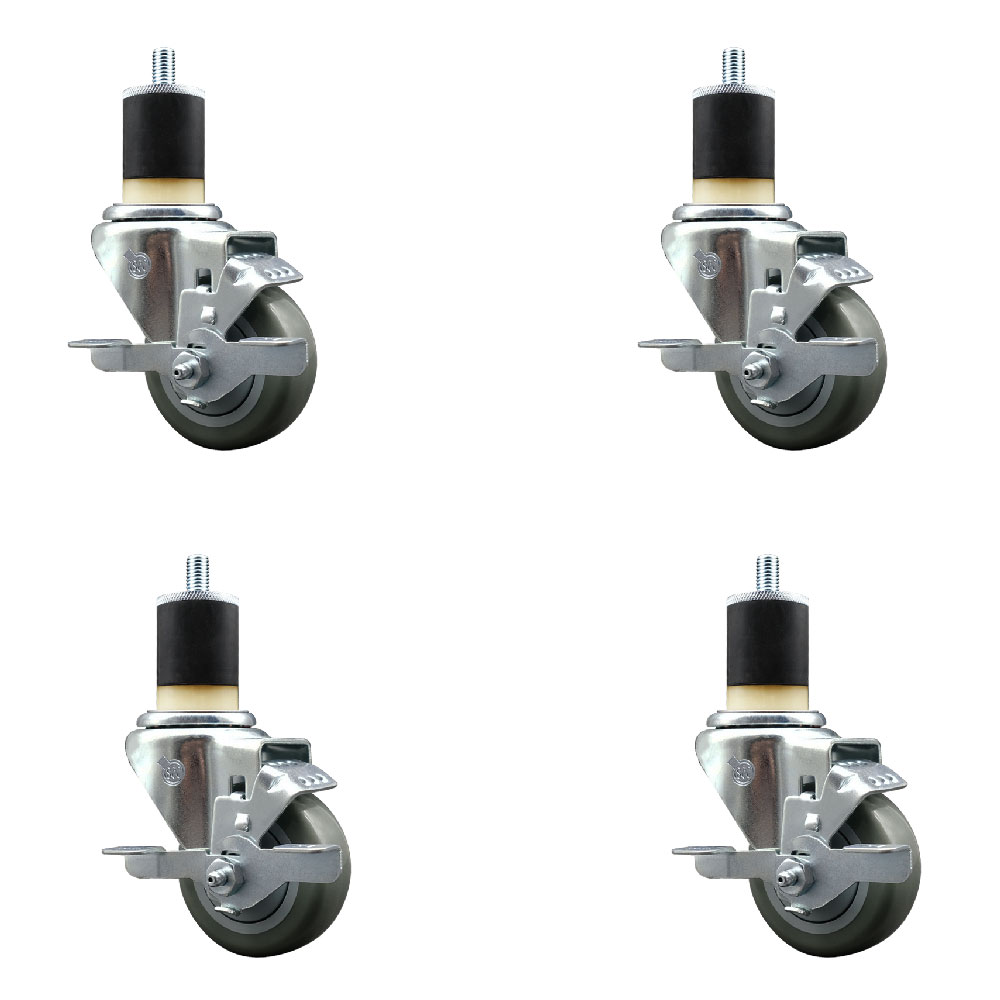 Stainless Steel Polyurethane Swivel Expanding Stem Caster with 3 in. Gray Wheels & 1.87 in. Stems 4 Swivel with Top Locking Brakes - Set of 4