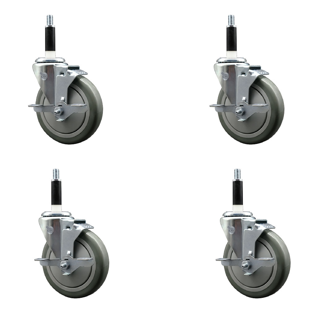 Stainless Steel Polyurethane Swivel Expanding Stem Caster with 5 in. Gray Wheels & 0.87 in. Stems 4 Swivel with Top Locking Brakes - Set of 4