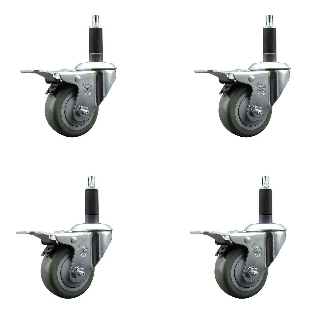 Stainless Steel Polyurethane Swivel Expanding Stem Caster with 3 in. Gray Wheels & 1 in. Stems 4 Swivel with Total Locking Brakes - Set of 4