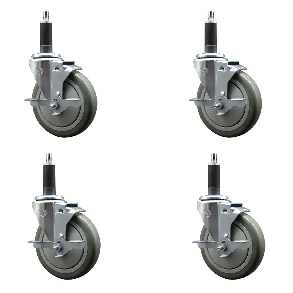 Stainless Steel Polyurethane Swivel Expanding Stem Caster with 5 in. Gray Wheels & 1 in. Stems 4 Swivel with Top Locking Brakes - Set of 4