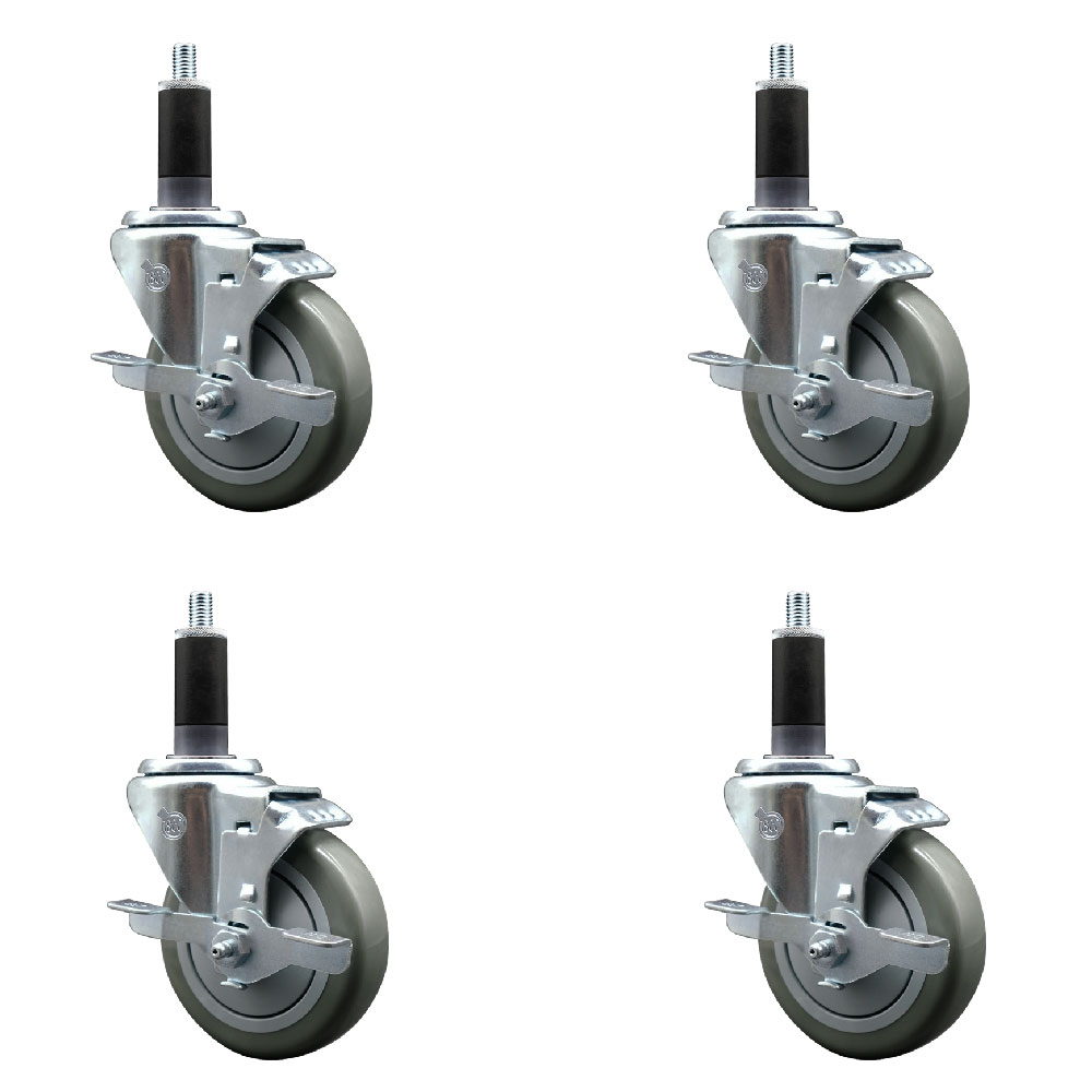 Stainless Steel Polyurethane Swivel Expanding Stem Caster with 4 in. Gray Wheels & 1.13 in. Stems 4 Swivel with Top Locking Brakes - Set of 4