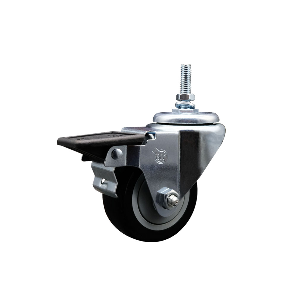 SCC-TS20S314-PPUB-BLK-PLB-M1215 Polyurethane Swivel Threaded Stem Caster with 3 x 1.25 in. Black Wheel & 12 mm Stem & Posi Locking Brake