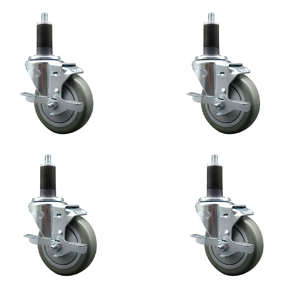Stainless Steel Polyurethane Swivel Expanding Stem Caster with 4 in. Gray Wheels & 1.25 in. Stems 4 Swivel with Top Locking Brakes - Set of 4