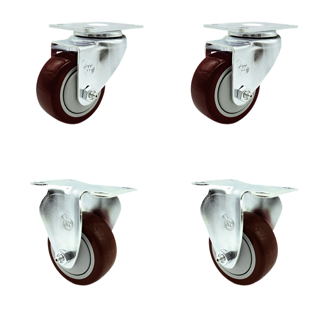 SCC-20S314-PPUB-MRN-2-R314-2 Polyurethane Swivel Top Plate Caster with 3 in. Maroon Wheels - Set of 4