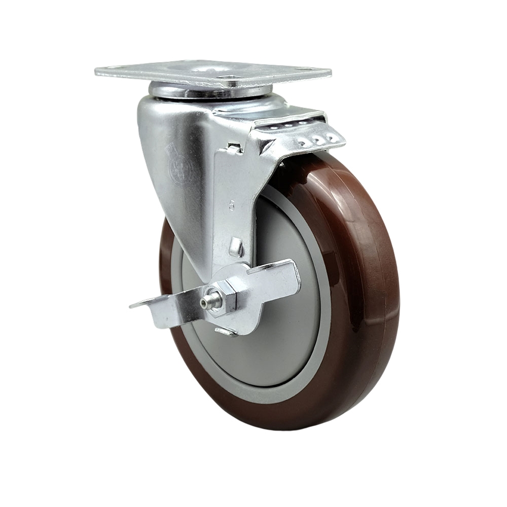 Polyurethane Swivel Top Plate Swivel Caster with 5 in. Maroon Wheel & Top Locking Brake