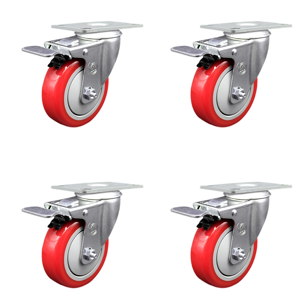 SCC-TTL20S414-PPUB-RED-4 Polyurethane Swivel Top Plate Caster with 4 in. Red Wheels - Set of 4