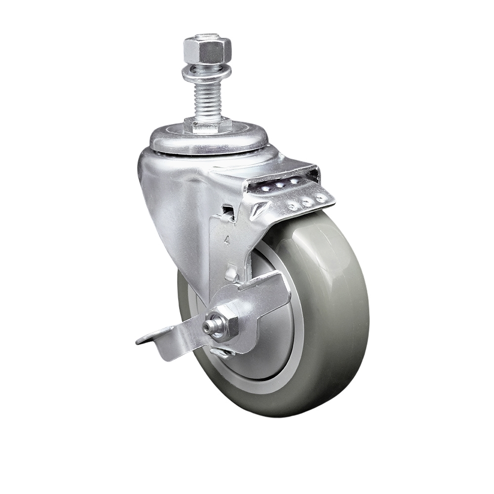 SCC-TS20S414-PPUB-TLB-121315 Polyurethane Swivel Threaded Stem Caster with 4 x 1.25 in. Gray Wheel & 0.5 in. Stem & Top Locking Brake
