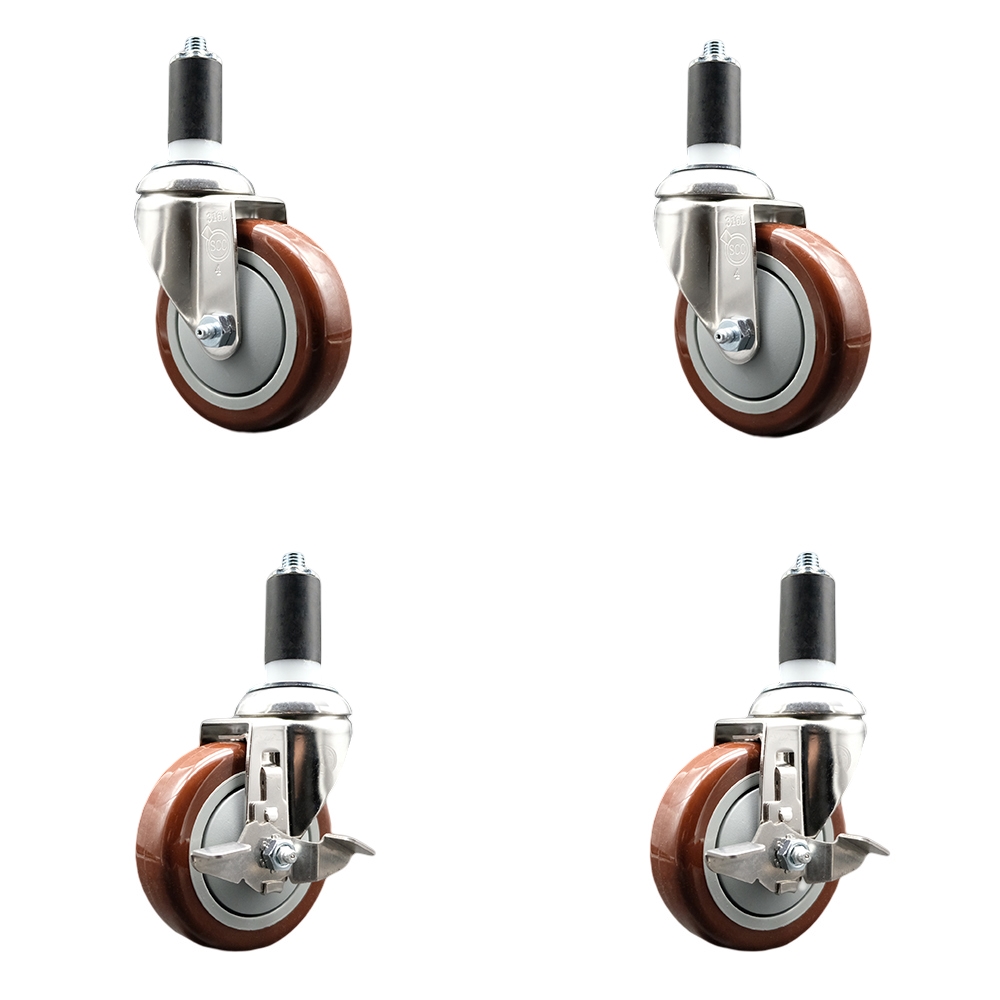 Polyurethane Swivel Stem Caster with 4 in. Maroon Caster Wheels, 1.25 in. Expanding Stems - 316 Stainless Steel Casters - Set of 4