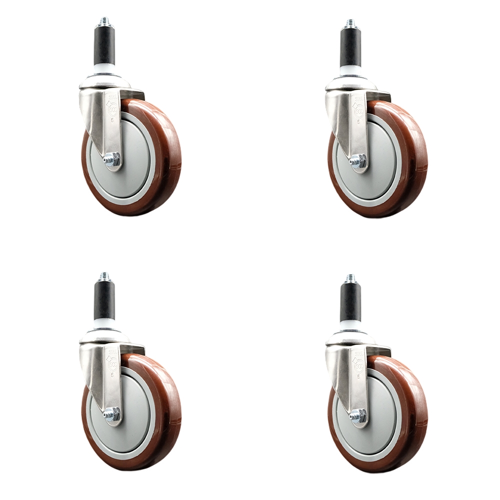 Polyurethane Swivel Stem Caster with 5 in. Maroon Caster Wheels, 1.25 in. Expanding Stems - 316 Stainless Steel Casters - Set of 4
