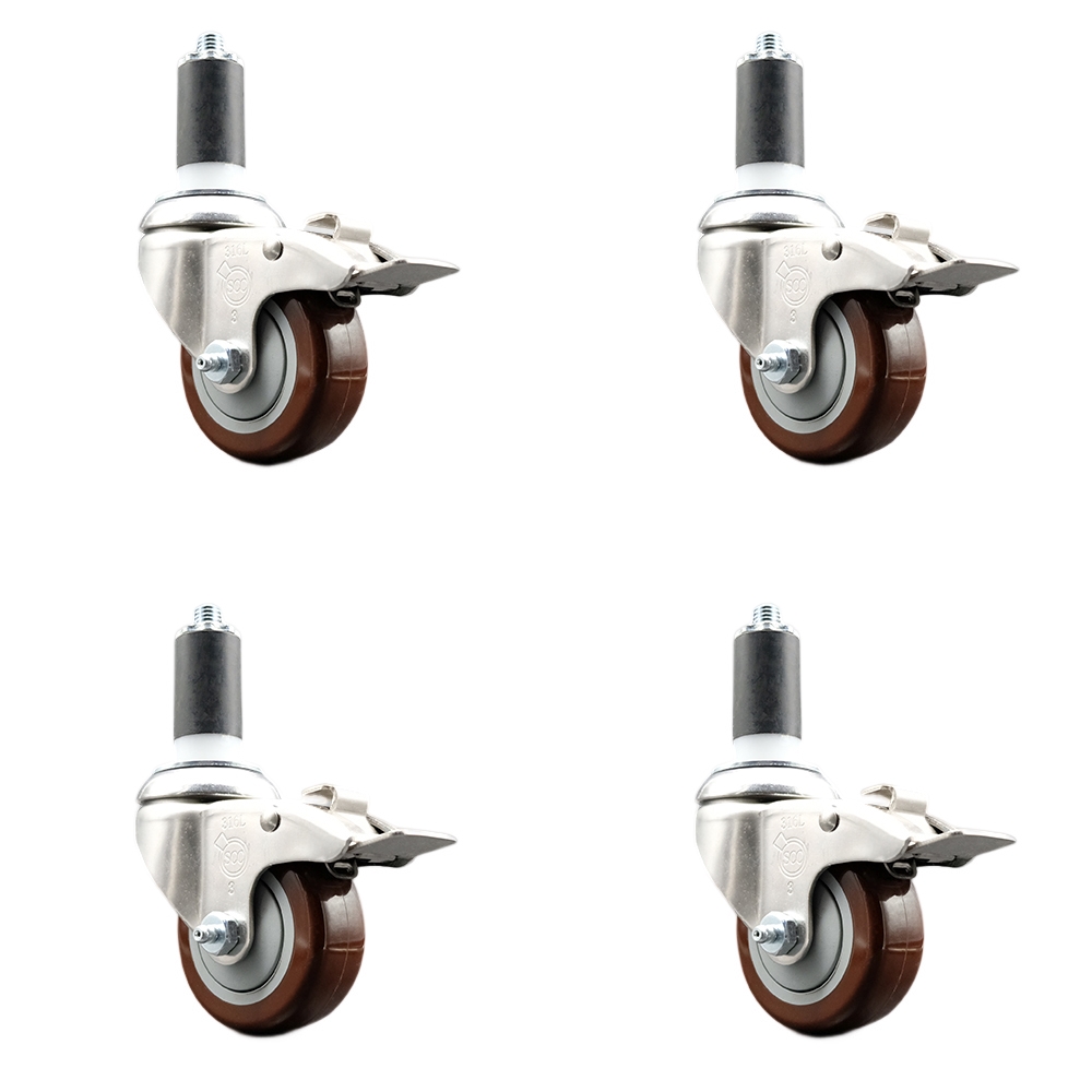 Polyurethane Swivel Stem Caster with 3.5 in. Maroon Caster Wheels, 1.38 in. Expanding Stems - 316 Stainless Steel Casters - Set of 4