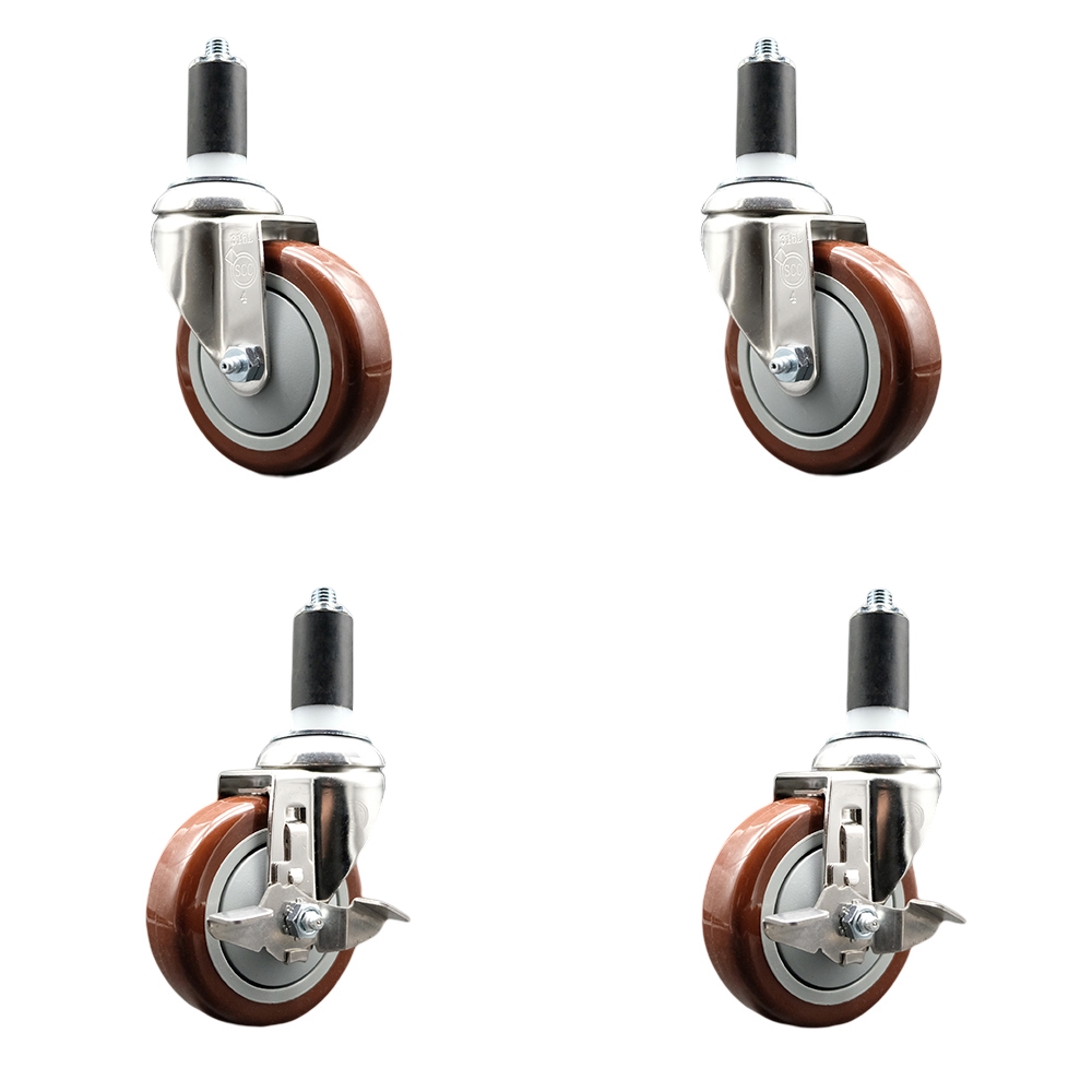 Polyurethane Swivel Stem Caster with 4 in. Maroon Caster Wheels, 1.38 in. Expanding Stems - 316 Stainless Steel Casters - Set of 4