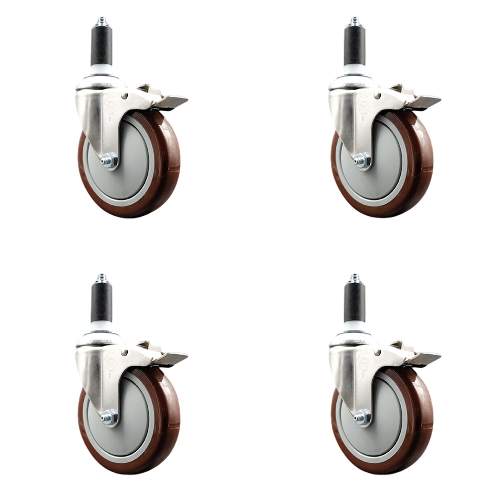 Polyurethane Swivel Stem Caster with 5 in. Maroon Caster Wheels, 1.38 in. Expanding Stems - 316 Stainless Steel Casters - Set of 4