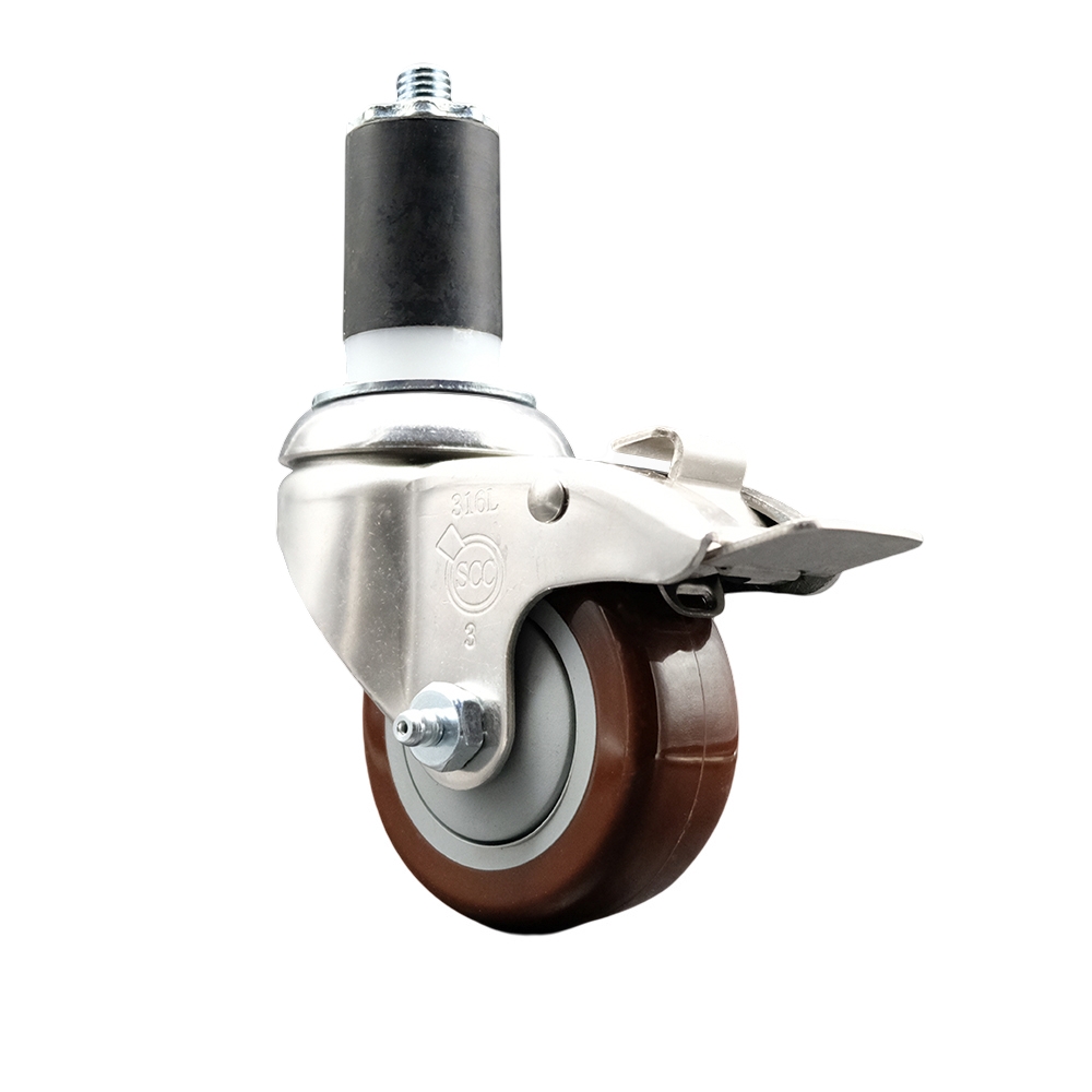 Polyurethane Swivel Stem Caster with 3.5 in. Maroon Caster Wheels & Total Lock Brake, 1.5 in. Expanding Stem - 316 Stainless Steel Caster
