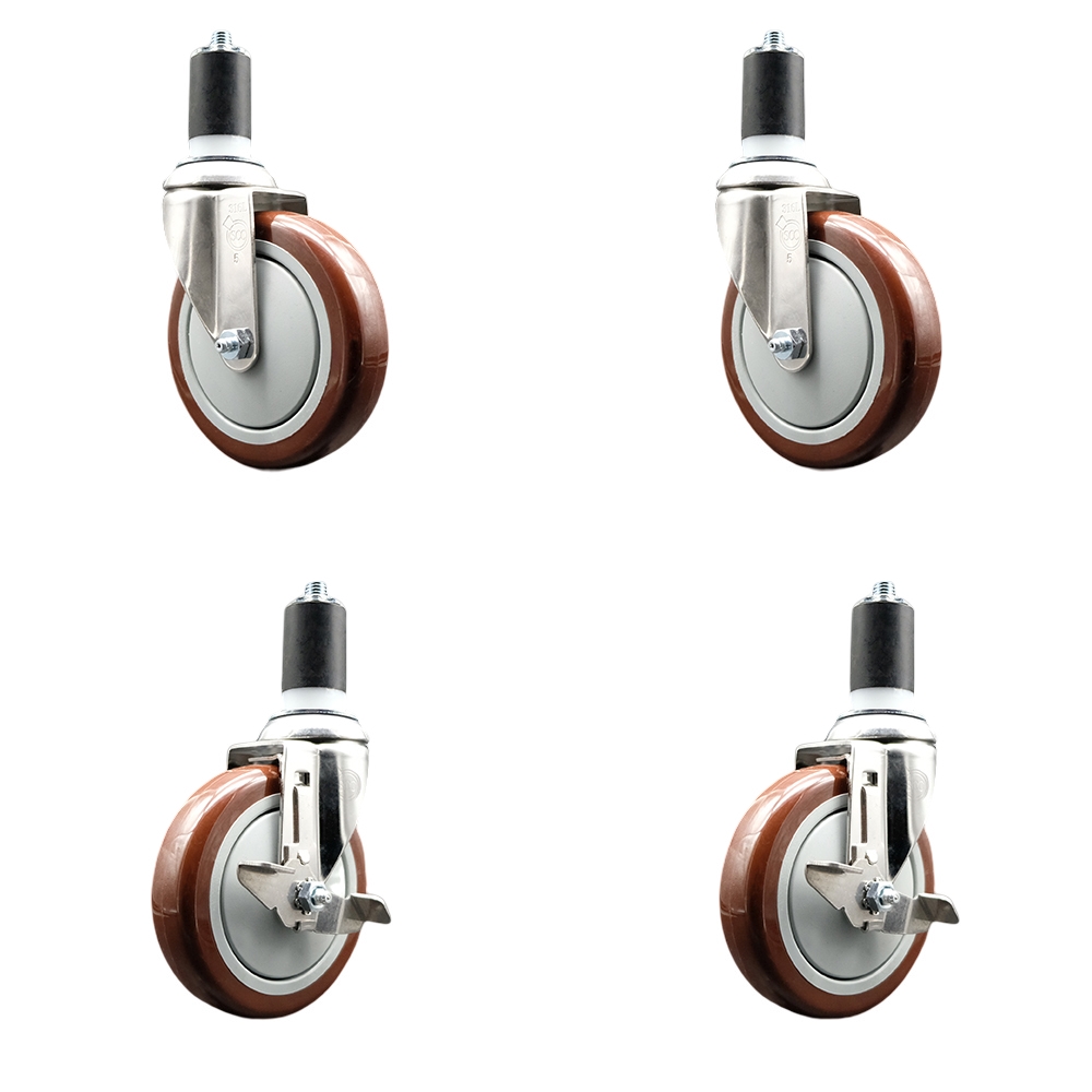 Polyurethane Swivel Stem Caster with 5 in. Maroon Caster Wheels, 1.5 in. Expanding Stems - 316 Stainless Steel Casters - Set of 4