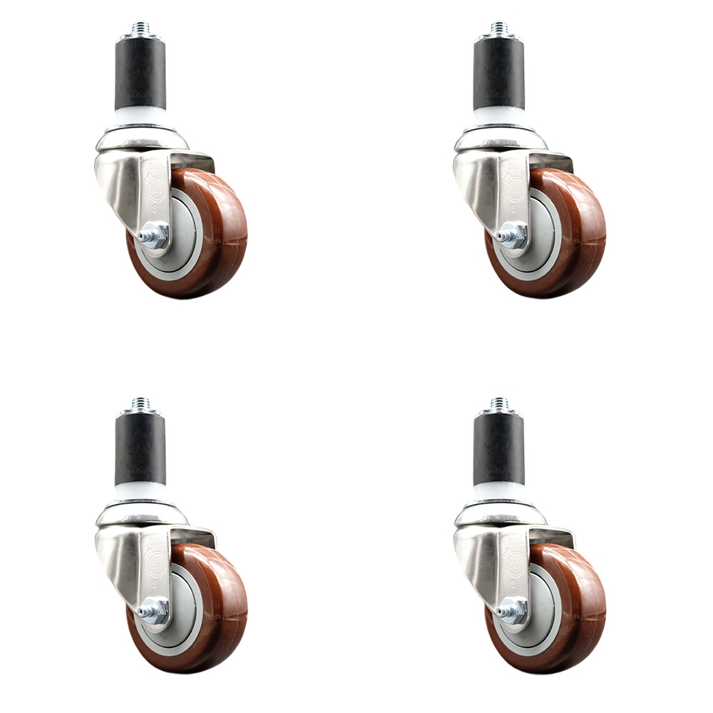 Polyurethane Swivel Stem Caster with 3 in. Maroon Caster Wheels, 1.63 in. Expanding Stems - 316 Stainless Steel Casters - Set of 4