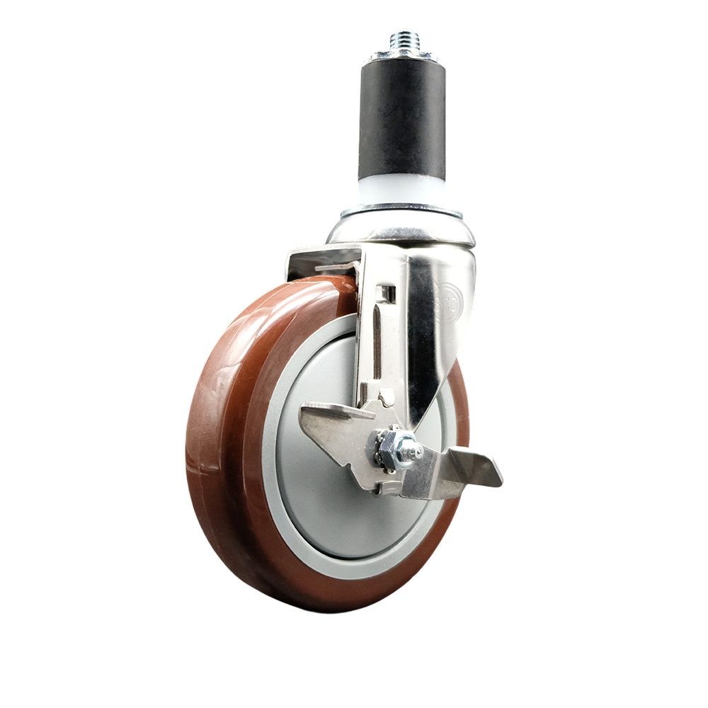 Polyurethane Swivel Stem Caster with 5 in. Maroon Caster Wheels & Top Lock Brake, 1.63 in. Expanding Stem - 316 Stainless Steel Caster
