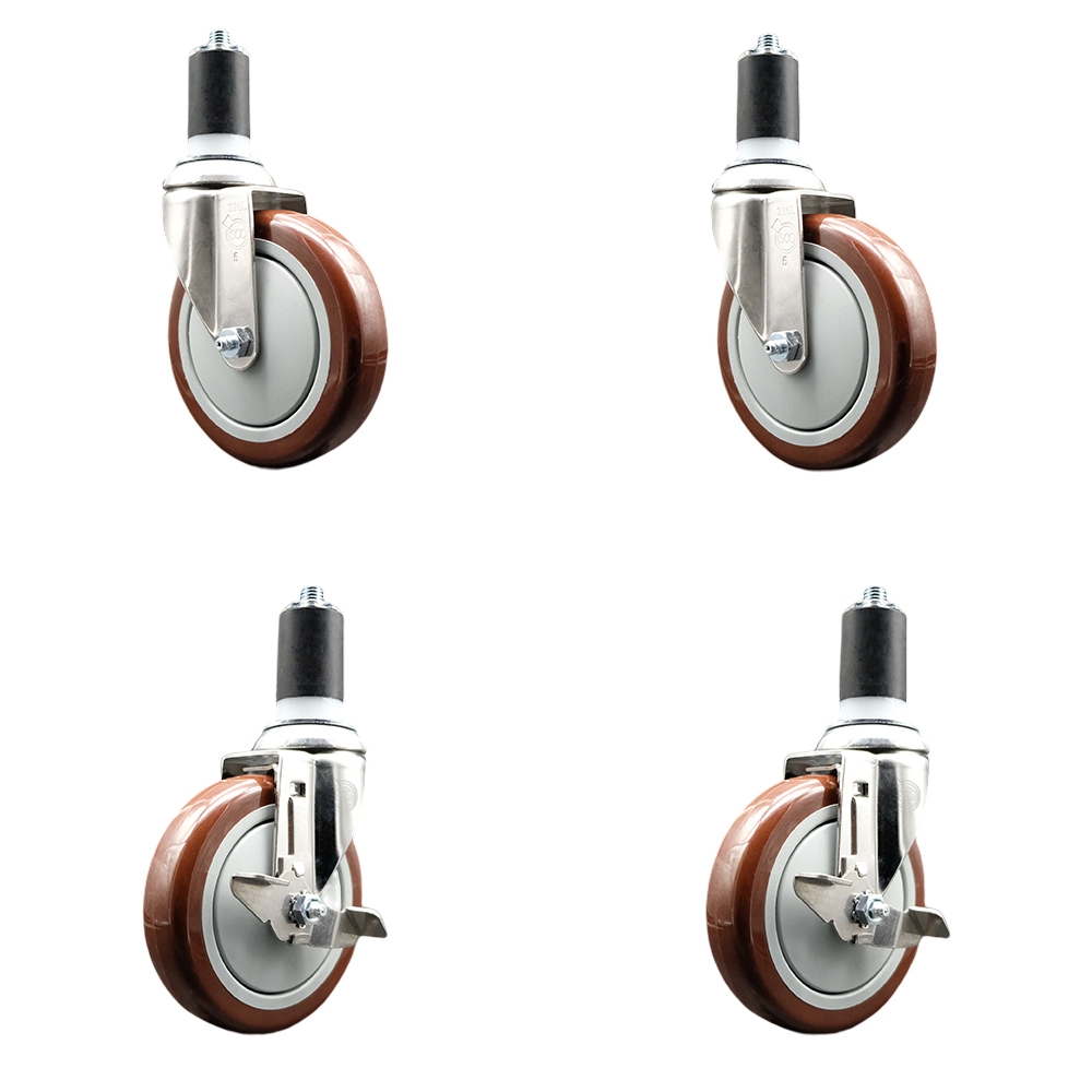 Polyurethane Swivel Stem Caster with 5 in. Maroon Caster Wheels, 1.63 in. Expanding Stems - 316 Stainless Steel Casters - Set of 4