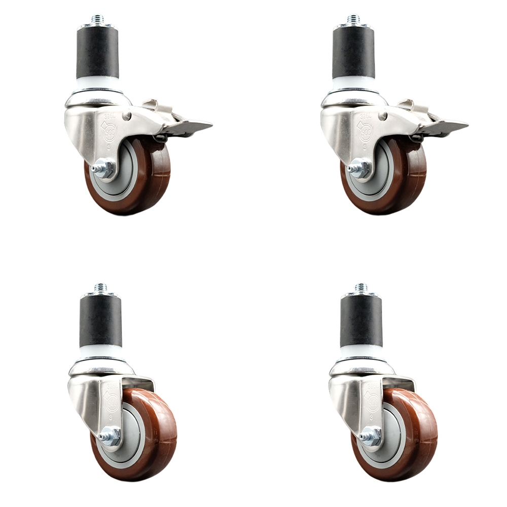 Polyurethane Swivel Stem Caster with 3.5 in. Maroon Caster Wheels, 1.75 in. Expanding Stem - 316 Stainless Steel Casters - Set of 4