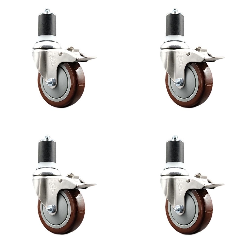 Polyurethane Swivel Stem Caster with 4 in. Maroon Caster Wheels, 1.87 in. Expanding Stems - 316 Stainless Steel Casters - Set of 4