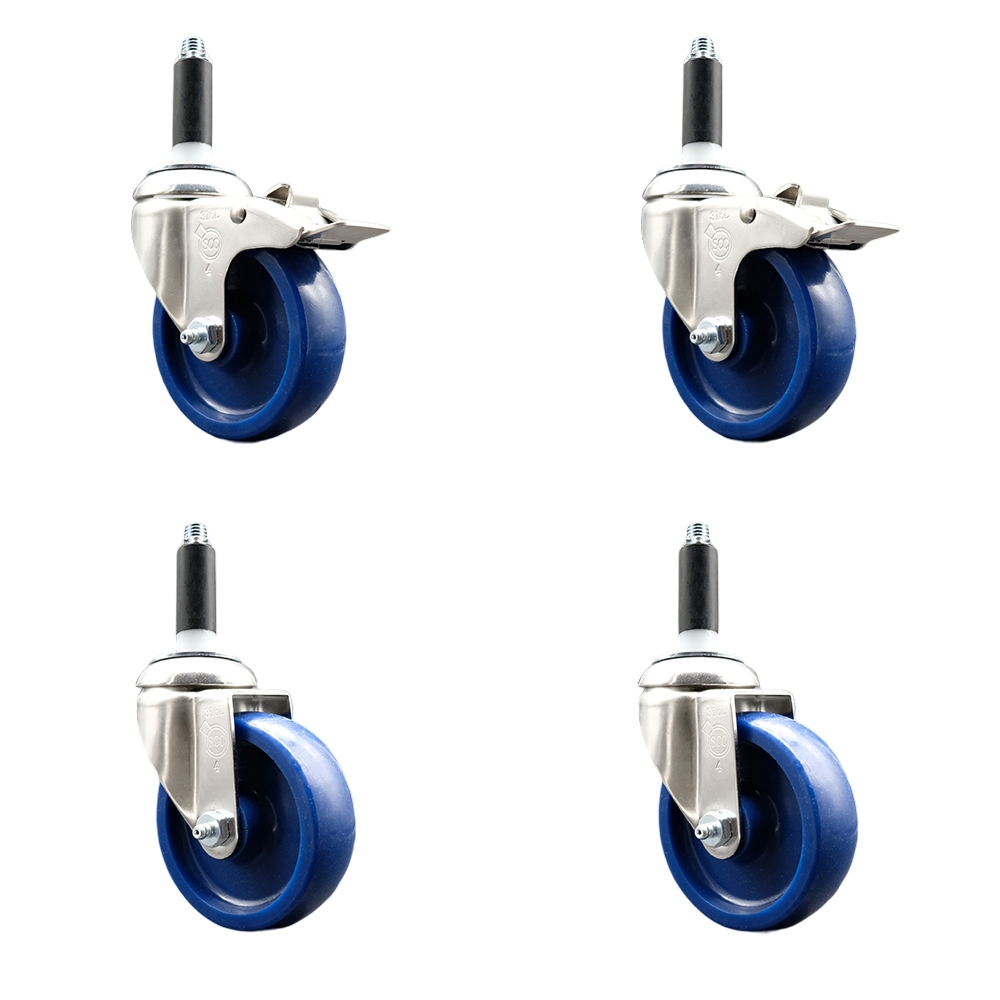 Solid Poly Swivel Stem Caster with 4 in. Blue Caster Wheels, 0.75 in. Expanding Stem - 316 Stainless Steel Casters - Set of 4