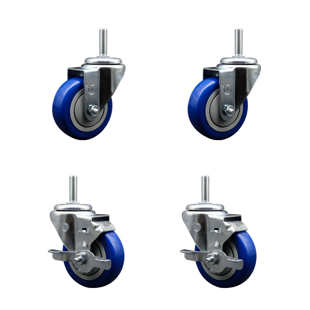 SCC-TS20S3514-PPUB-BLUE-34212-2-TLB2 Polyurethane Swivel Threaded Stem Caster with 3.5 x 1.25 in. Blue Wheels & 0.75 in. Stems - Set of 4