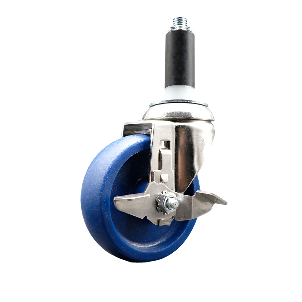 Solid Polyurethane Swivel Stem Caster with 4 in. Blue Caster Wheels & Top Lock Brake, 1 in. Expanding Stem - 316 Stainless Steel Caster