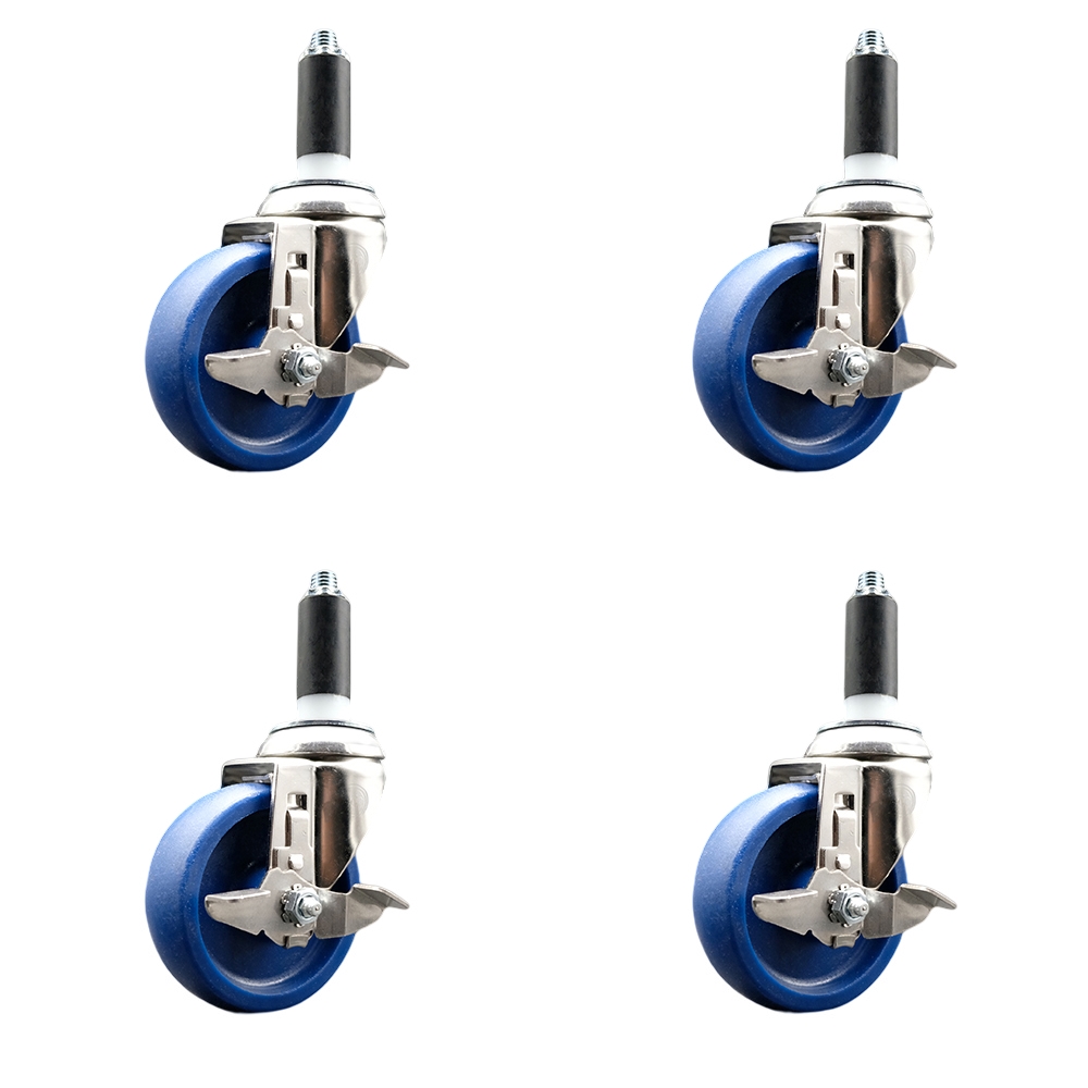 Solid Polyurethane Swivel Stem Caster with 4 in. Blue Caster Wheels, 1 in. Expanding Stems - 316 Stainless Steel Casters - Set of 4