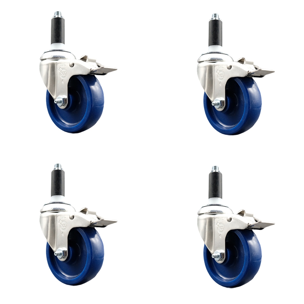 Solid Polyurethane Swivel Stem Caster with 4 in. Blue Caster Wheels, 1 in. Expanding Stems - 316 Stainless Steel Casters - Set of 4