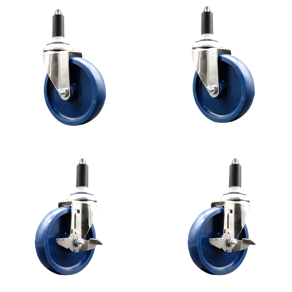 Solid Poly Swivel Stem Caster with 5 in. Blue Caster Wheels, 1 in. Expanding Stems - 316 Stainless Steel Casters - Set of 4