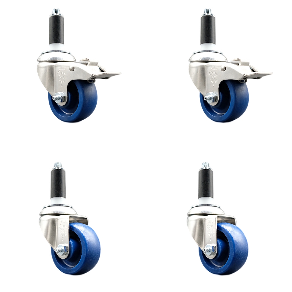 Solid Poly Swivel Stem Caster with 3 in. Blue Caster Wheels, 1.13 in. Expanding Stem - 316 Stainless Steel Casters - Set of 4