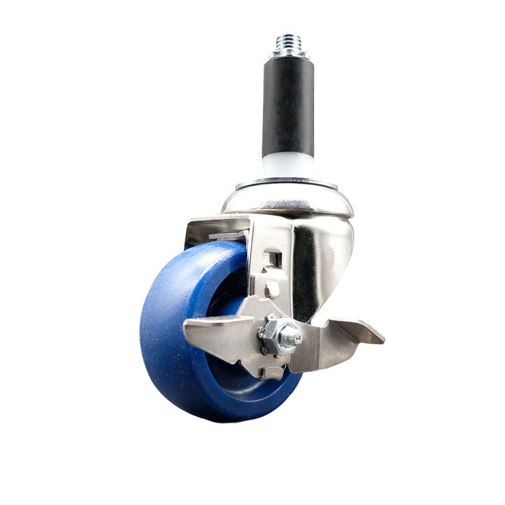 Solid Polyurethane Swivel Stem Caster with 3.5 in. Blue Caster Wheels & Top Lock Brake, 1.13 in. Expanding Stem - 316 Stainless Steel Caster