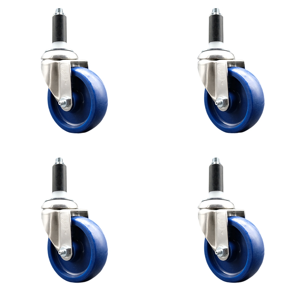 Solid Polyurethane Swivel Stem Caster with 4 in. Blue Caster Wheels, 1.13 in. Expanding Stems - 316 Stainless Steel Casters - Set of 4