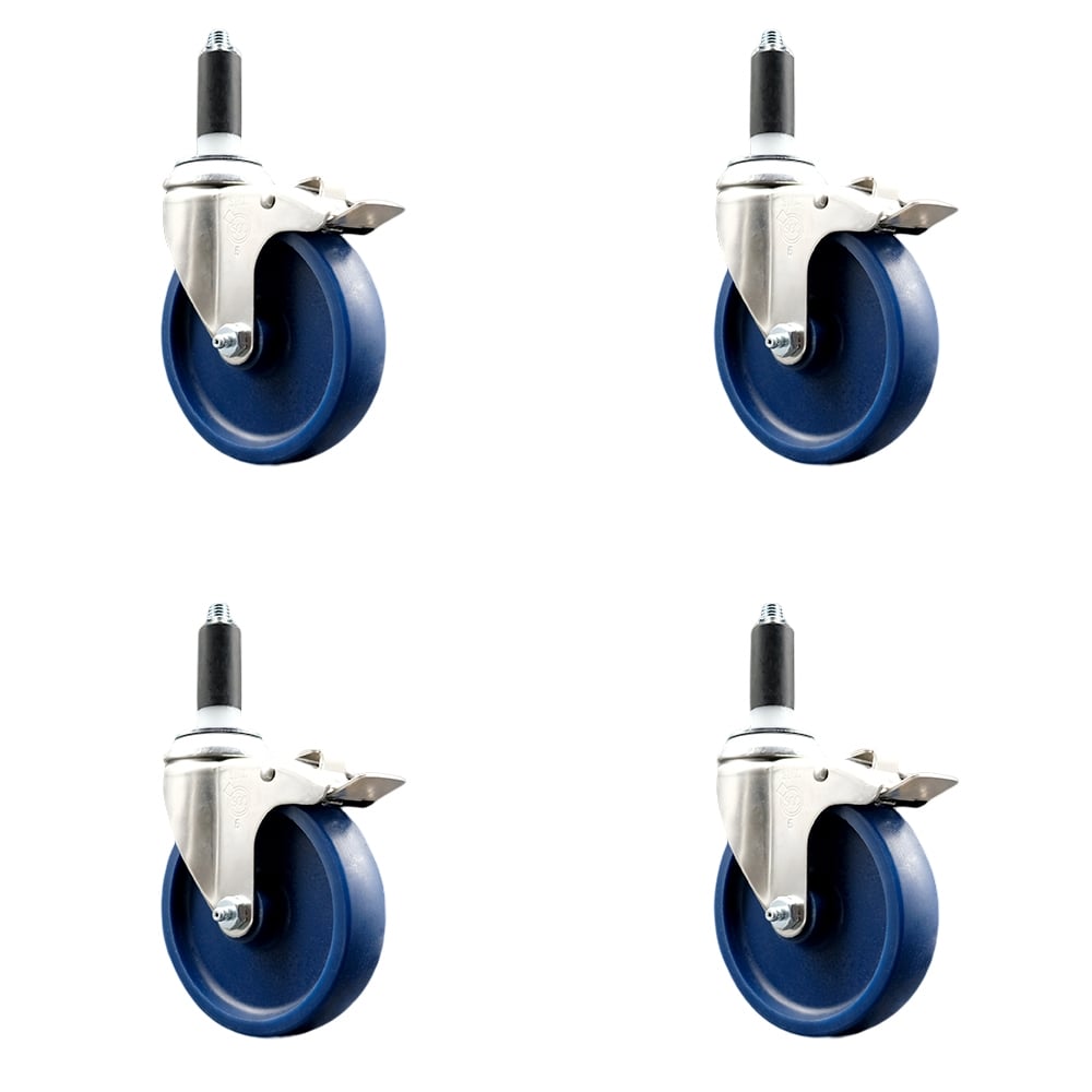 Solid Polyurethane Swivel Stem Caster with 5 in. Blue Caster Wheels, 1.13 in. Expanding Stems - 316 Stainless Steel Casters - Set of 4