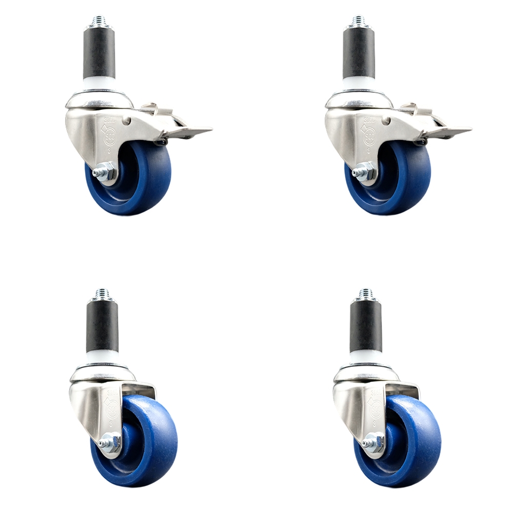 Solid Poly Swivel Stem Caster with 3 in. Blue Caster Wheels, 1.25 in. Expanding Stem - 316 Stainless Steel Casters - Set of 4