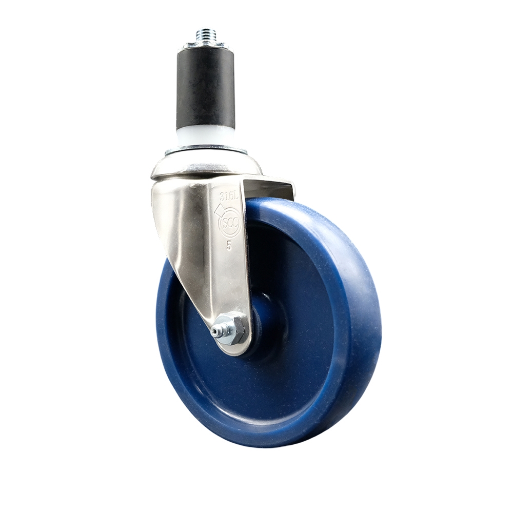 Solid Polyurethane Swivel Stem Caster with 5 in. Blue Caster Wheels, 1.5 in. Expanding Stem - 316 Stainless Steel Caster